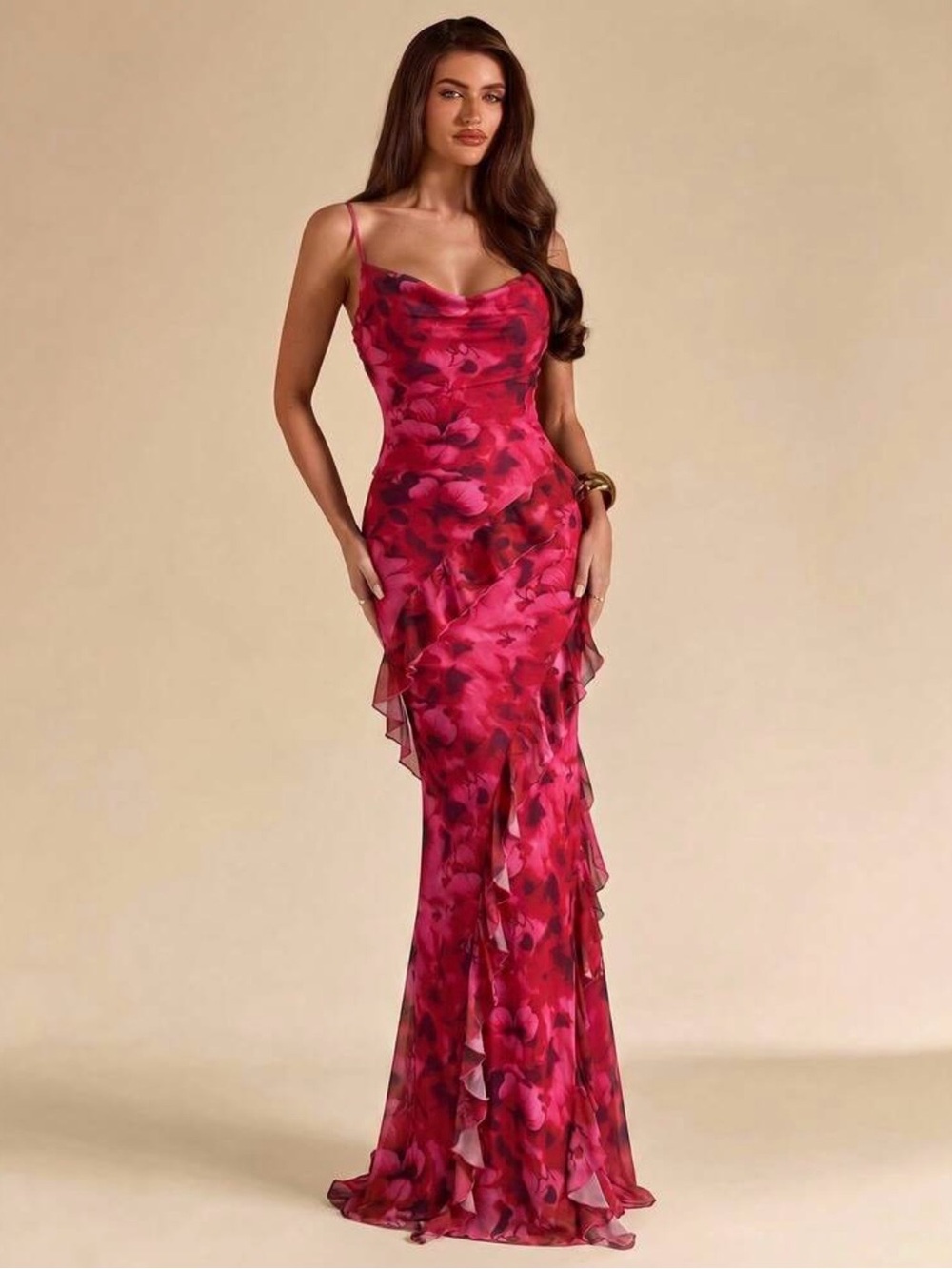 Fuchsia Pink Floral Ruffle Slip Maxi Dress - 8/10 - Picture 3 of 6